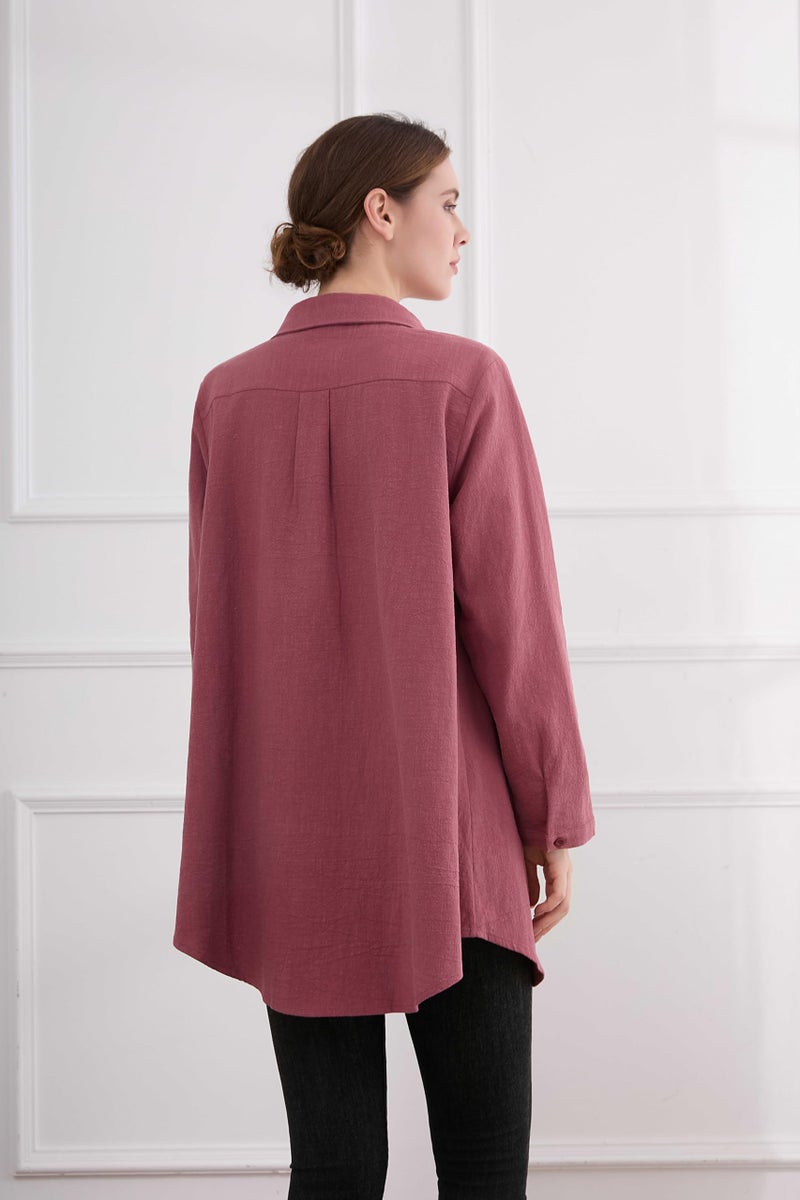 Minibee قمصان نسائية من الكتان من ميني بي بأزرار طويلة بلوزة بحجم زائد مع جيوب حمراء M - Image 3